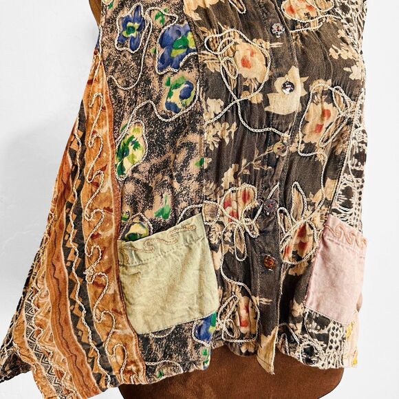 Sacred Threads M/L Button Up Patchwork Top Western Boho Artsy Hippie Eclectic - Picture 4 of 12